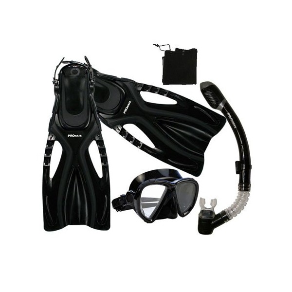 Promate Snorkeling Scuba Diving Snorkel Mask Fins Gear Set, Black, ML/XL