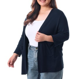 HOdo Cárdigan de talla grande para mujer, suéteres ligeros con bolsillos delanteros abiertos, manga 3/4, 1X-5X, marino, 4X