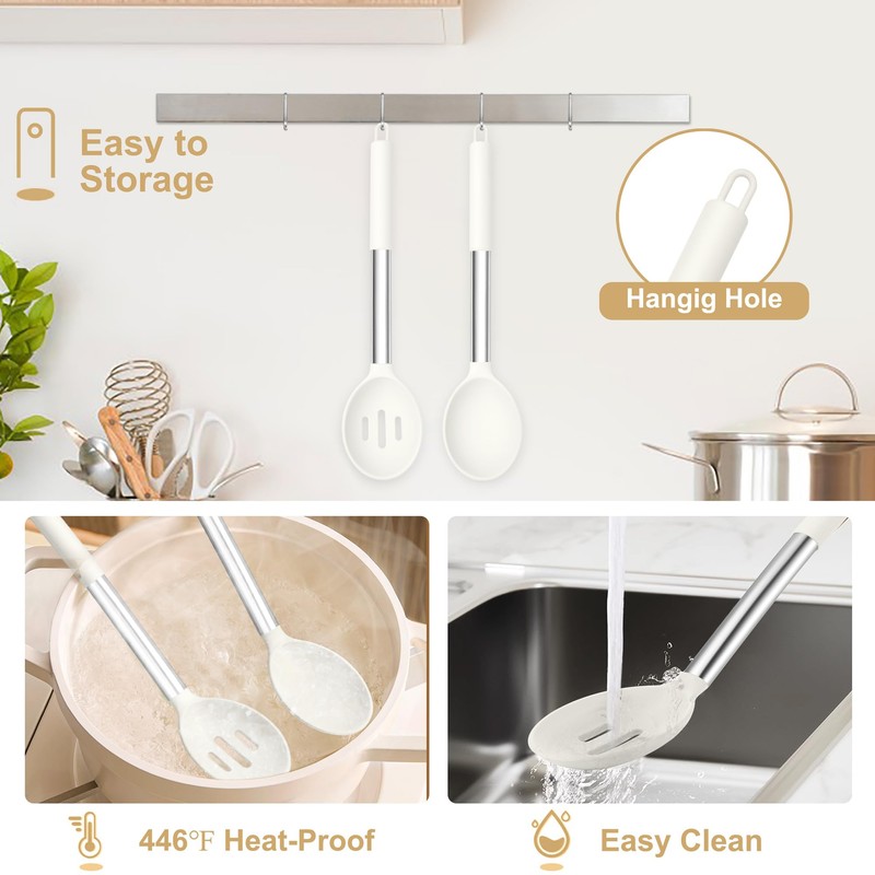 TeamFar Silicone Spoons, 2 Pcs Large Nonstick Kitchen Spoons, Heatproof