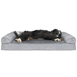 Furhaven Pet Dog Bed - Cooling Gel Memory Foam Ultra Plush Faux Fur and Suede Traditional Sofa-Style Living Room Couch Pet Bed with Removable Cover for Dogs and Cats, Gray, Large
