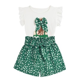EuquixZeph 5t Girls Clothes 4t Toddler Girl Outfit Set Sleeveless Print Graphic Bow T Shirts and Print Shorts Sets Waist Belted Green Ditsy Floral Shorts For Spring Summer