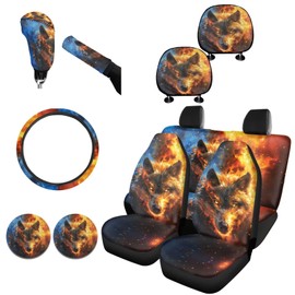 FKELYI Fire Wolf Car Dust-Proof Seat Covers Soft Polyester Headrest Cover Gear Shifter Knob and Handbrake Cover Steering Wheel Cover,Cup Coasters
