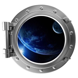 12" PortScape Space 3D Window Earth and Moon #1 Silver Porthole Wall Decal Removable Wall Sticker Sun Orbit Planets Solar System Fabric Vinyl Room Decor