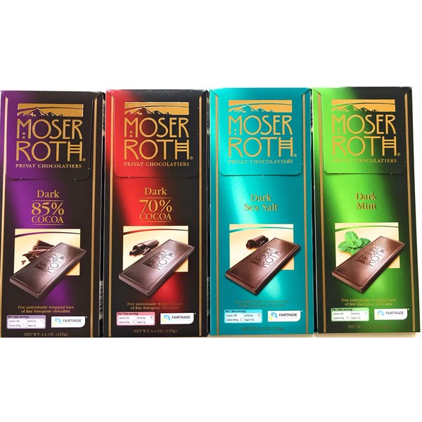 German Dark Chocolate Bundle of 4 Varieties. Moser Roth 85% Cocoa, 70% Cocoa, Dark Sea Salt and Dark Mint. Low Sugar Gourmet Candy Bars. Good for the Waist Line and Chocolate Lovers. From Germany!