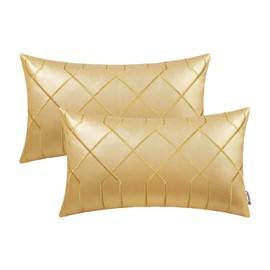 BRAWARM Leather Pillow Covers 12 X 20 Inches, Gold Faux Leather Lumbar Pillow Covers Pack of 2, Geometric Embroidery Leather Decorative Throw Pillows for Living Room Couch Bed Sofa Home