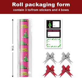 EWES Funny Christmas Wrapping Paper Rolls Set, Pink Kids Heavy Duty Premium Gift Wrap, Cute Cartoon with Christmas Tree,Reversible, Total 28.5sq.ft