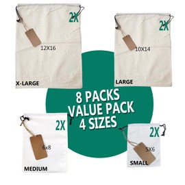 Natural Cotton Bags - Set of 8 Mixed Muslin Bags with Drawstrings Reusable Produce Bags for Bulk Food Storage Bags(4 Size)