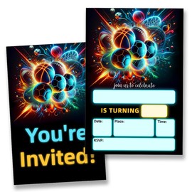 YLKJSTYS Sports Theme Birthday Party Invitations for Boys Neon Sports Birthday Party Invites (20 Cards with Envelopes) Double Sided Design