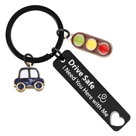 Soireeparty Drive Safe Keyring for Him Boyfriend, I Need You Here with Me Stainless Steel Gift Key Chain with Car and Traffic Light Father's Day Birthday Gifts for Husband(Black Metal)