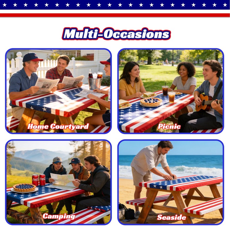 NUOLAN 6FT American Flag Picnic Table Cover with Bench Covers