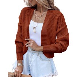 Amarmia Women's Long Sleeve Open Front Knit Cropped Cardigan Sweaters Casual Drop Shoulder Short Shrugs Sweater Coats Brick Red