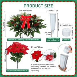 Thiccywoov 3 Pieces Christmas Cemetery Flowers Christmas Snow Frosted Headstone Saddle Red Poinsettias Memorial Bouquets with Vase Red Berries Snow Pine Tied Outdoor Grave Decoration(Gold Bow)