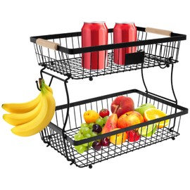 LSCSJUNS 2 Tiers Fruit Basket with Wood Handle Metal Fruit Bowl Countertop Vegetable Holder Rustproof Vegetable Basket with Banana Hook for Kitchens Veggies