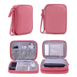 Hosoncovy Double Layer 2.5 Inch Hard Drive Bag Carry Bag Travel Bag Hard Drive Storage Bag USB Flash Drive Organiser Bag (Pink)