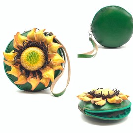 Handmade 3D Leather Coin Purse with Removable Wrist Strap (Sunflower)
