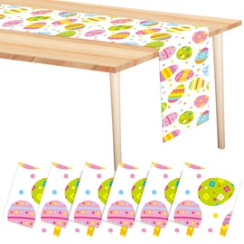 VitalCozy 6 Pcs Easter Table Runner 14 x 108 Inch Colorful Easter Eggs Bunny Disposable Plastic Table Runner for Kitchen Decorations Home Spring Birthday Party Supplies (Adorable Egg)