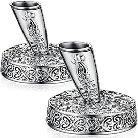 2 Pieces Vintage Round Metal Feather Pen Holder Insertion Pen Holder Feather Quill Pen Stand Desktop Dip Pens Base for Office Supplies Student Present (Silver)