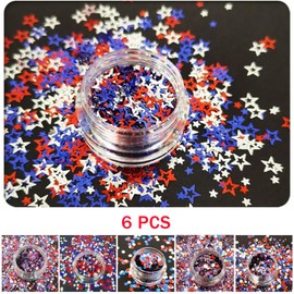 6 Boxes 4th of July Star Glitter Independence Day Nail Sequins Red Blue White Nail Decals Mixed Star Hollow Hexagon Circles Confetti Shaped for Independence Day DIY Craft Nail Art Party Decoration