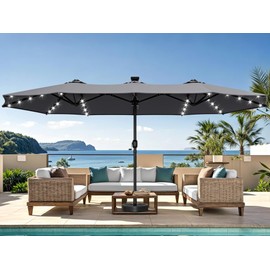 YITAHOME 15ft Outdoor Patio Umbrella w/Solar Lights Extra Large Double-Sided Market Table Umbrella with 48 LED Lights, 12 Sturdy Ribs and Tilt Adjustment for Pool, Patio Furniture, Patio Shade, Gray