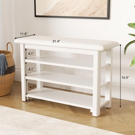 Shoe Rack Bench with Leather Cushion 3-Tier Shoe Rack Organizer for Entryway Hallway or Living Room Farmhouse Rustic Wooden Seat Bench Beige 11.8" Dx31.5 Wx20.4 H