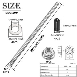 Apalie 2Pcs M6x250mm Fully Threaded Rod 304 Stainless Steel Long Threaded Screw with Lock Nuts, Flat Washer & Rubber End Caps for Anchor Bolts Clamps Hangers U-Bolts