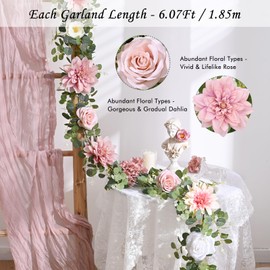 Waipfaru Spring Floral Garland, 6.07Ft Eucalyptus Garland with Flowers, Rose Pink Flower Garland Vines for Wedding Reception Table Mantle Room Decor (Rose Pink)