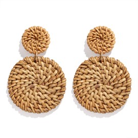 Rattan Earrings for Women Handmade Lightweight Wicker Straw Stud Earrings Statement Weaving Braid Drop Dangle Earring (Dark Rattan Disk)