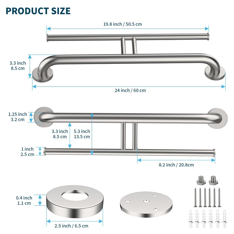 24 Inch Grab Bar w/Double Toilet Paper Roll Holder Brushed