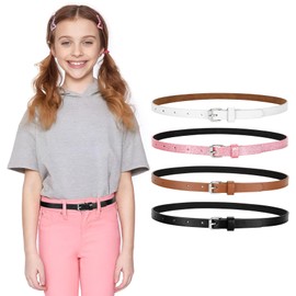 WERFORU 4 Pack Kids Thin Belt for Dress Jean Teen Leather Belt with Gold buckle Silver Buckle Glitter Skinny Belt for Girls Thin Leather Belt for Girls (Fits waist size 21"-25",Black+Brown+White+Pink)