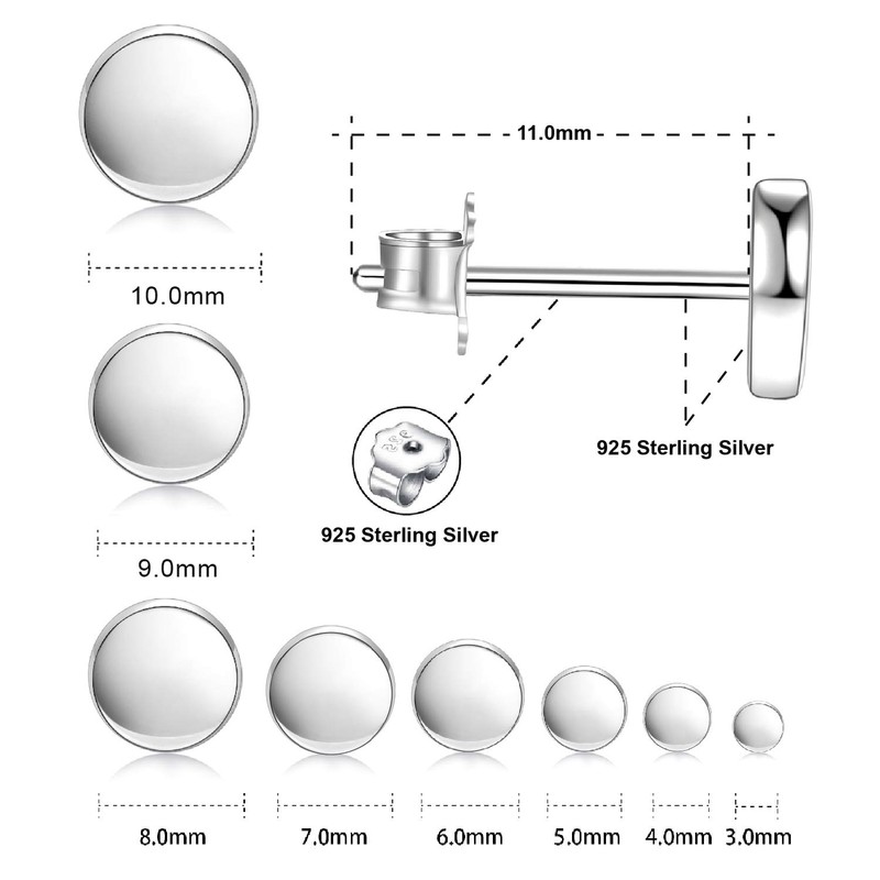 White Gold Plated Sterling Silver Dot Stud Earrings 3mm-8mm Options,