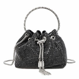 Women Rhinestone Tassel Bucket Bag Sparkling Evening Clutch Diamond Purse with Detachable Strap for Wedding Party, Black
