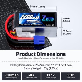 Zeee 3S Shorty Lipo 2200mAh 11.1V Battery 50C Small Pack Battery with EC3 Plug for RC Car Truck RC Vehicles Boat Drone RC Airplane Quadcopter Helicopter FPV Racing Hobby Models(2 Pack)