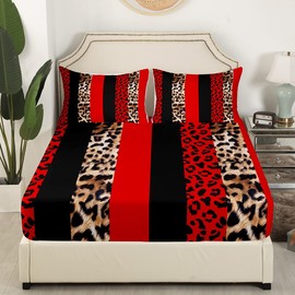 Homewish Leopard Print Kids Sheet Full Size,Cheetah Skin Fashion Bedding Set,Girls Boys Adults Room Decor,Geometric Stripes Patchwork Red Black Brown Bed Sheet Set 4pcs(Fitted + Flat + 2 Pillowcases)