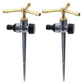 2 Stück 360 Grad Gartenregner aus Messing mit 3-Armigem Rotationskopf, Erdspieß und Dichtband, Automatischer Rasensprenger, Bewässerung Sprinkler für Garten und Terrasse (Gold und Silber)