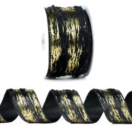 DINDOSAL Black and Gold Christmas Ribbon Wired 2.5'' X 10 Yards Black Faux Fur Wired Ribbon for Christmas Tree Ribbon Black Birch Bark Ribbon for Gift Wrapping,Bows,Garlands,Wreaths,Home Decor