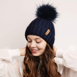 FURTALK Womens Winter Knitted Beanie Hat with Faux Fur Pom Poms Warm Knit Skull Cap for Women Navy with Navy Pom