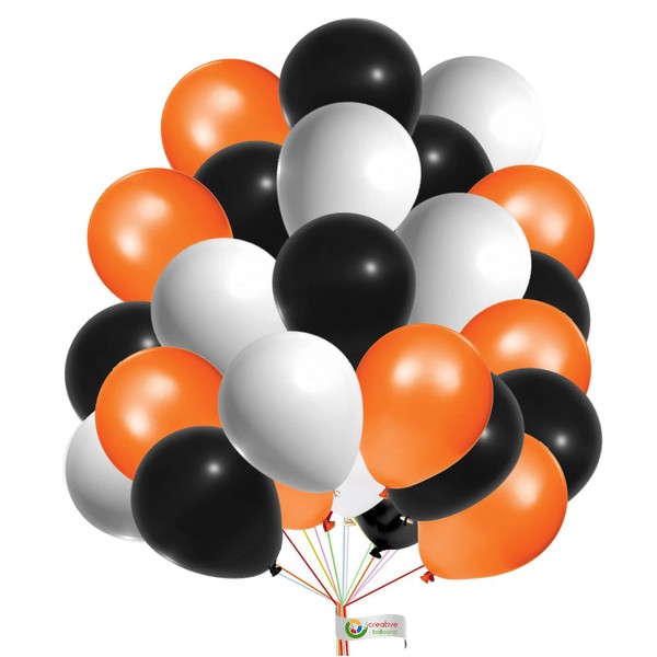 12" Latex Vibrant White, Black, Orange Colour Combination Plain Balloons