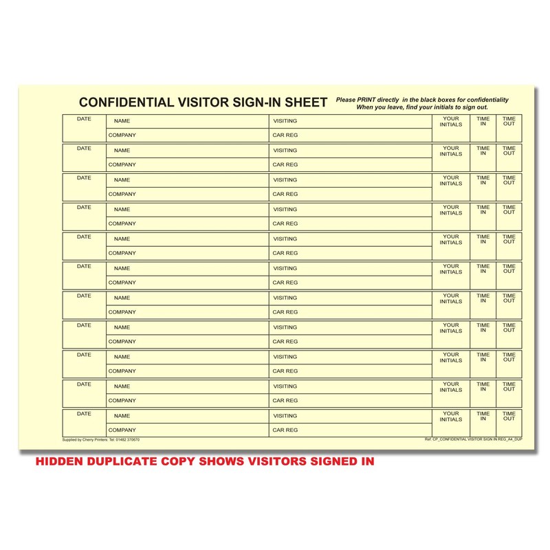 Cherry Carbonless NCR GDPR Compliant Confidential Visitor Sign with CAR
