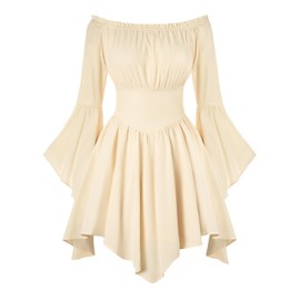 Women Renaissance Dress Fairy Cottagecore Peasant Off Shoulder Corset Dress Apricot S