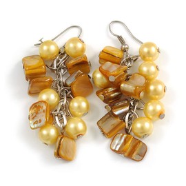 Banana Yellow Glass Bead, Antique Yellow Shell Nugget Cluster Dangle Earrings/Silver Tone/ 60mm Drop