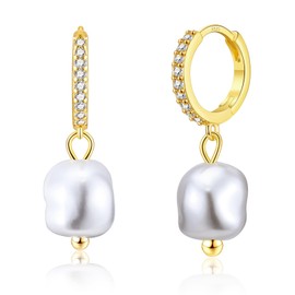 EPIRORA Pearl Earrings for Women,Sterling Silver Pearl Drop Earrings Hypoallergenic Dangle Cubic Zirconia Earrings Birthday Gifts For Girls Gold