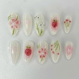 MERVF Almond Press on Nails Medium Fake Nail Red Aura Glue ons 3D Flower Rabbit Strawberry Design Stiletto Acrylic Cute Kawaii Bow Art Glossy 24pcs Easter