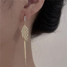 Stud Earrings Long Feather Leaves Earrings Boho Crystal Leafs Dangle Earrings Long Leaf Feather Drop Earrings Crystal Stud Earrings Jewellery for Women and, Acrylic