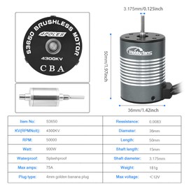 Hobby Fans Waterproof S3650 4300KV Brushless Motor 3.175mm Shaft with 60A Sensorless Brushless ESC Electric Speed Controller Combo Set and Heatsink for 1/10 Remote Control Car Truck, Black