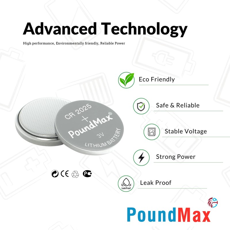 PoundMax CR 2025 Batteries 3v Lithium Button Cell Battery Combo