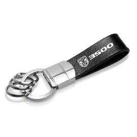 iPick Image Compatible with RAM 3500 Logo Black Real Leather Strap Chrome Round Hook Metal Key Chain