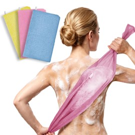 Bathway Exfoliating Washcloth Body Scrubber, 36.81-Inch Quick-Dry Exfoliating Towel, Japanese Loofah Back Scrubber Towel for Women Men (Blue & Rose Red & Yellow, Pack of 3)
