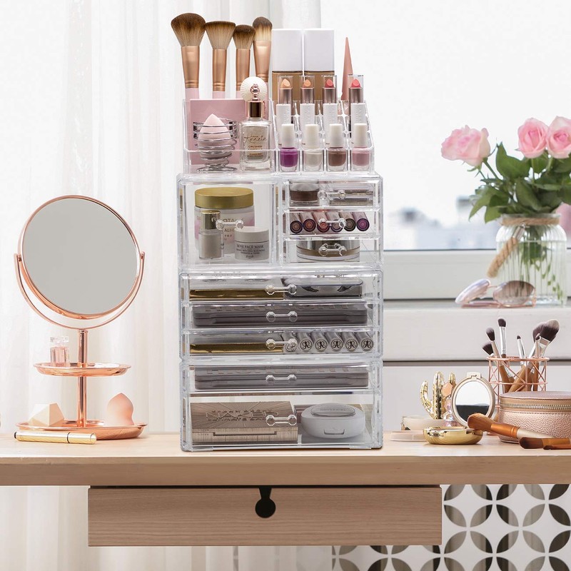 Sorbus Large Clear Makeup Organizer - Detachable 4-Piece Jewelry &