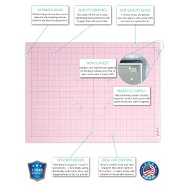 GLASSBOARD STUDIO Glass Craft Mat - Magnetic, Heat & Scratch Resistant - For Crafting, Cutting, Painting, Mixed Media Artwork - Grid Lines, Non-Slip Rubber Feet (Blush 18"L x 24"W)