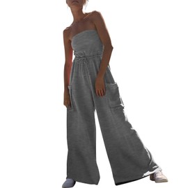 Feager One Piece Outfits for Women Solid Color Sreapless Off Shoulder Romper Long Pant Jumpsuit with Pockets 2024 Fashion Grey, Large